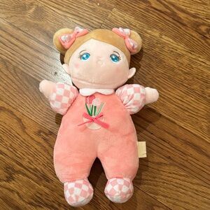Plush Pink Baby Doll Soft Toy - Cute Floral Embroidered Romper - rattle